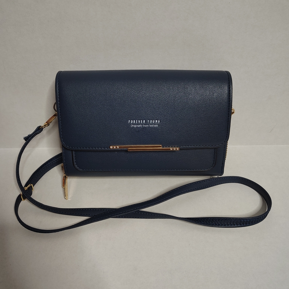 Forever Young Faux Leather Navy Blue Crossbody Bag Small NWOT